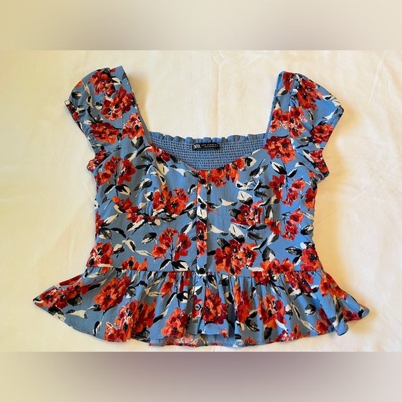 Zara Women’s Cap Sleeve Crop Top Blue Floral Print Size M EUC - Picture 3 of 5